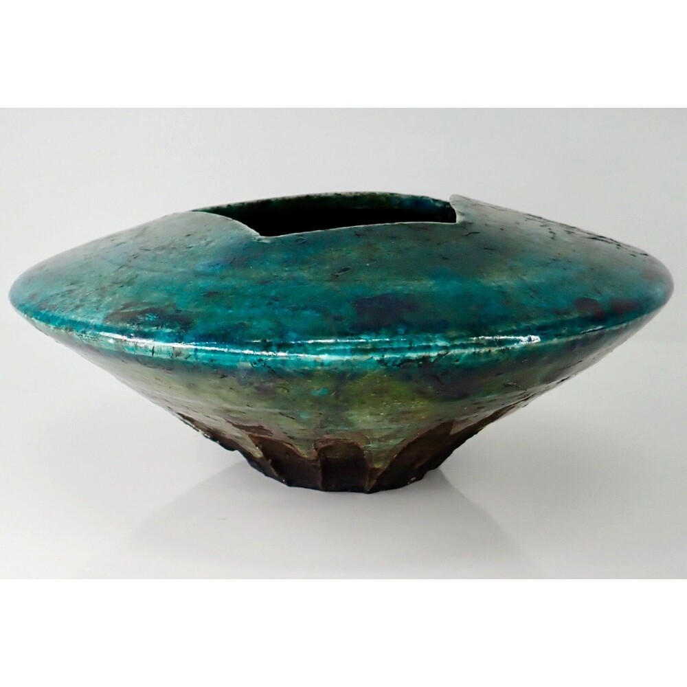 Turquoise Blue Signed Raku Sculpture Pottery Vase Bowl Iridescent Drip Glaze 8" - Picture 13 of 16